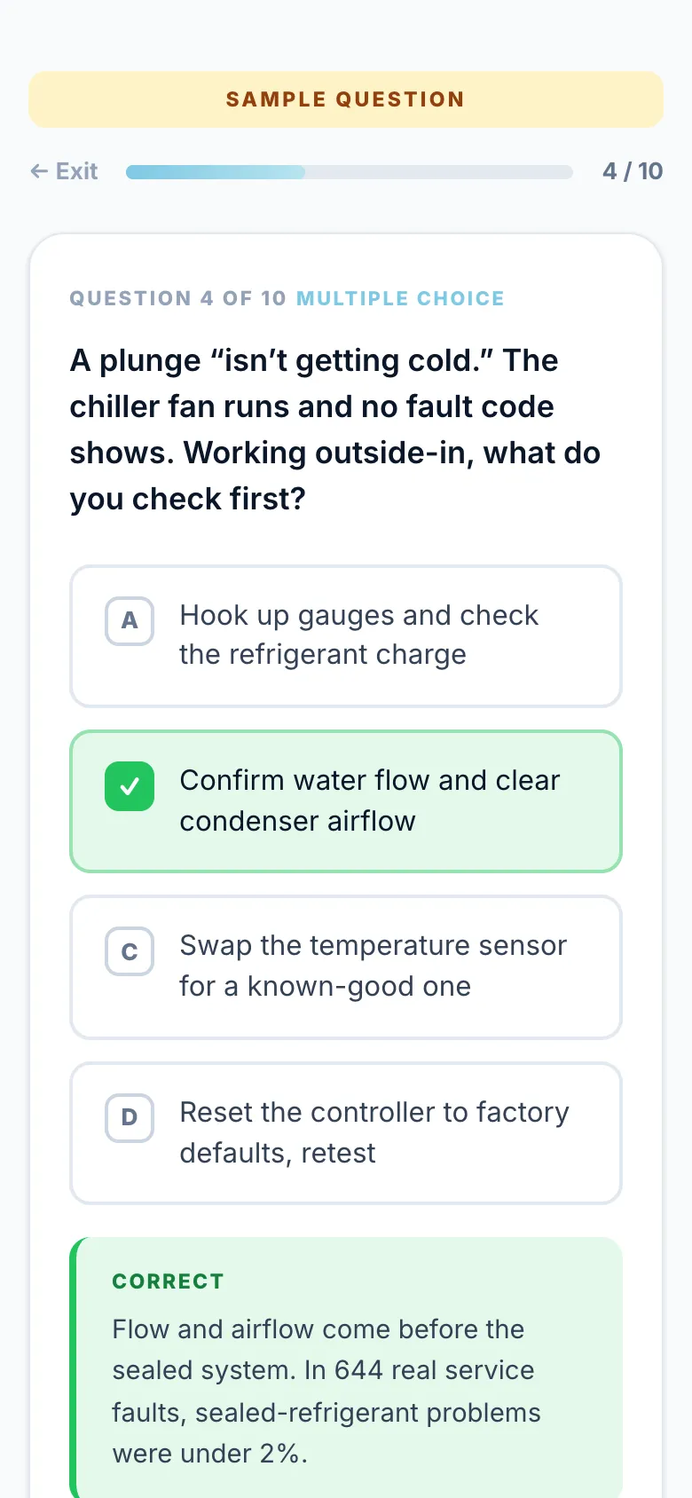 Sample module quiz question about a plunge that isn't getting cold, with the correct answer marked and an explanation