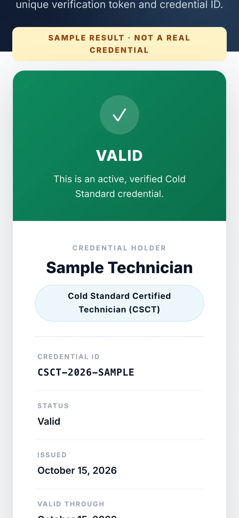 Sample public verification result showing VALID for Sample Technician, Cold Standard Certified Technician (CSCT), with credential ID, issue date and valid-through date